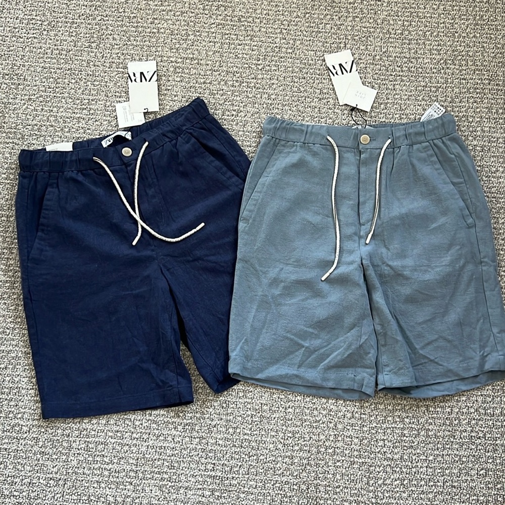 New Zara Men Shorts Linen Light Sky Blue Navy Drawstring 30 S